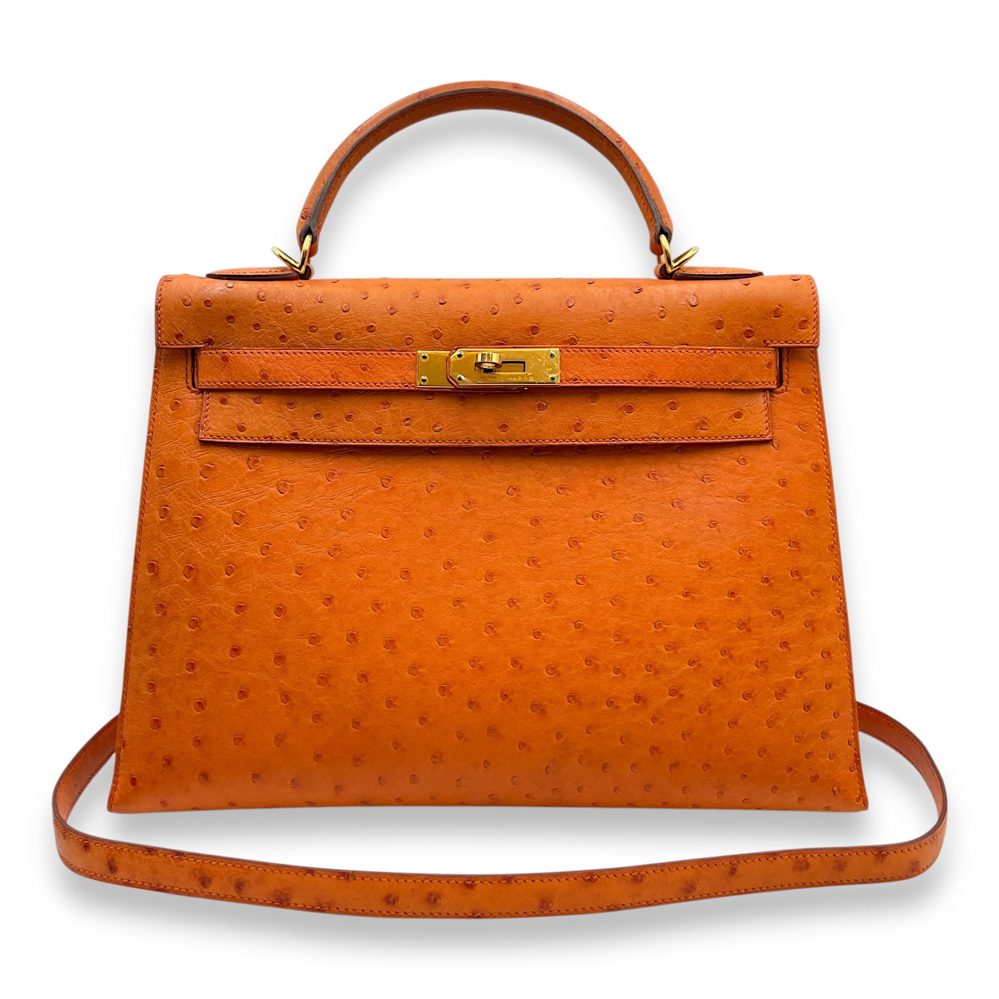 Sellier Kelly 32 Orange in Ostrich, Gold hardware