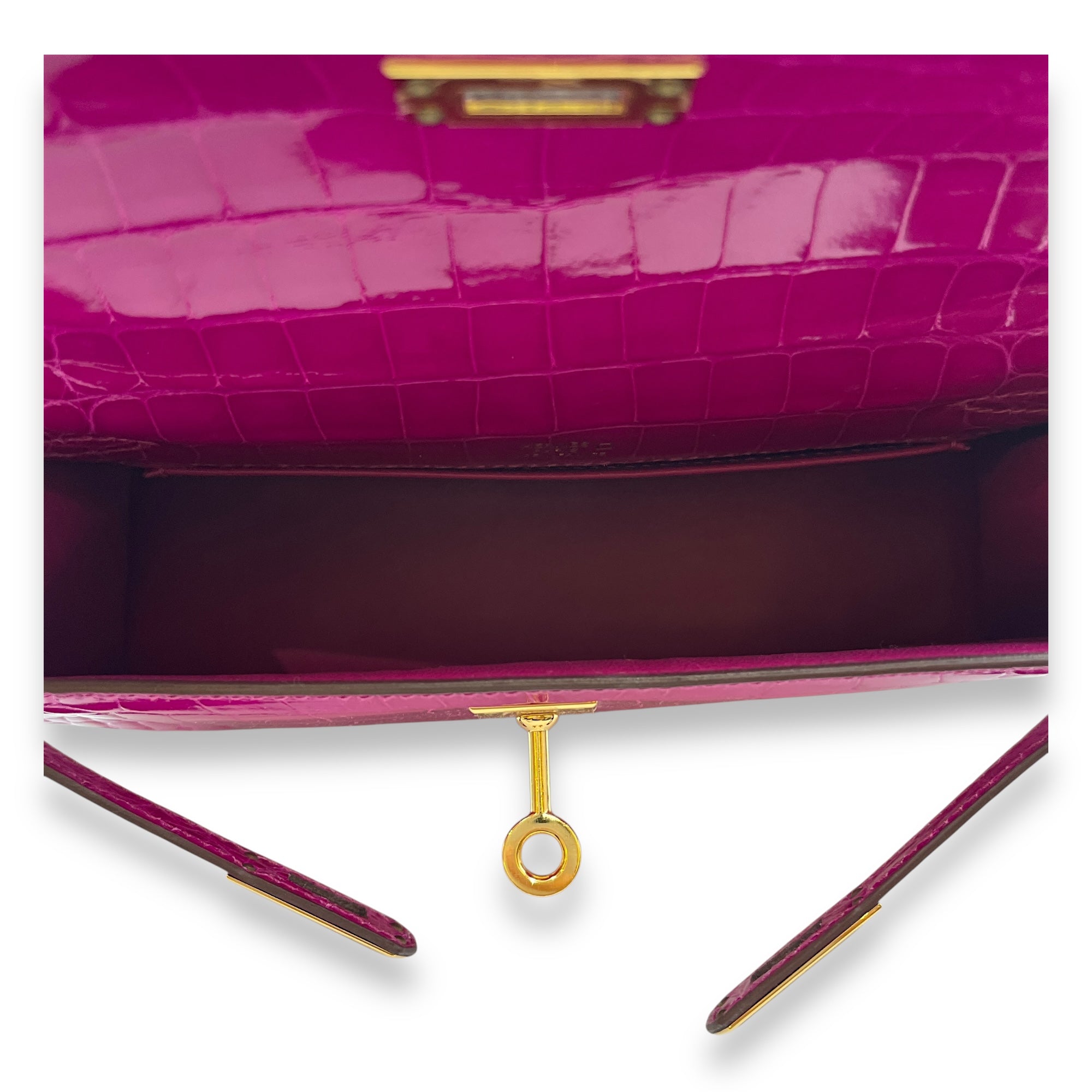 Kelly Pochette Rose Scheherazade in Shiny Alligator, Gold hardware