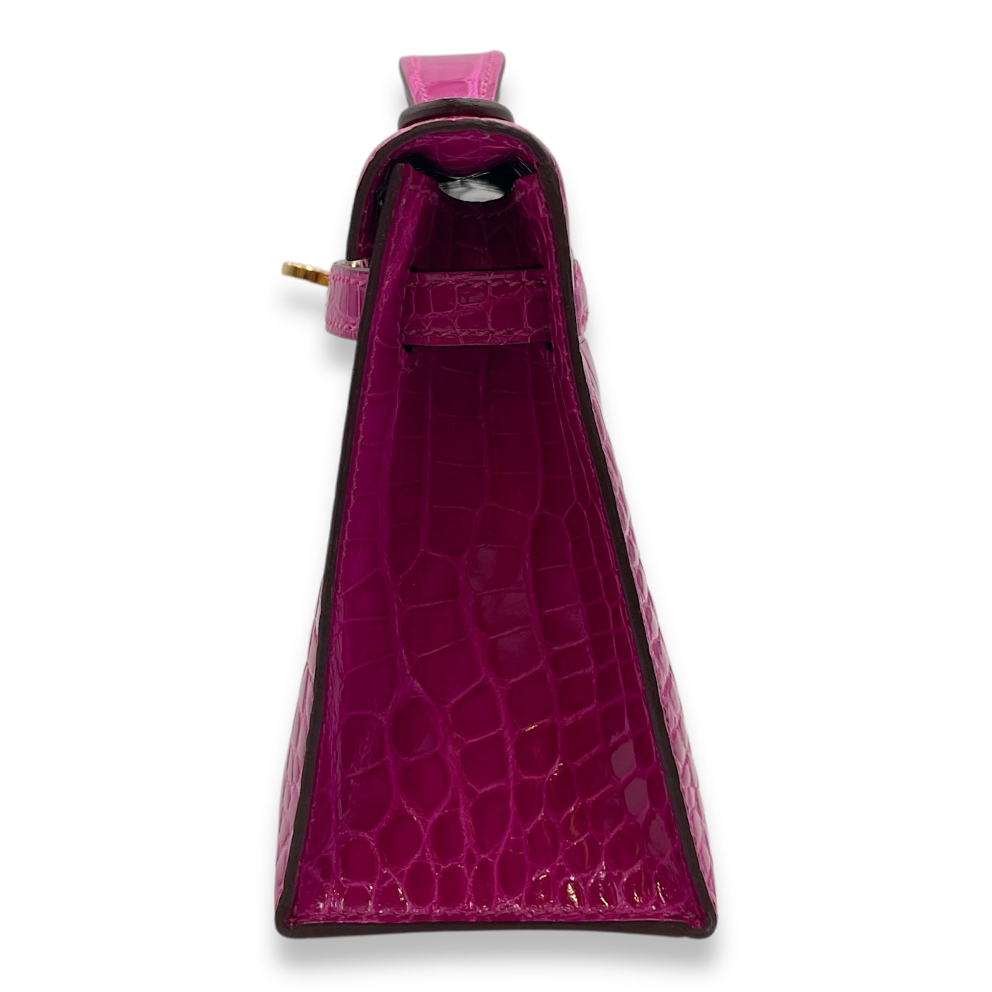 Kelly Pochette Rose Scheherazade in Shiny Alligator, Gold hardware