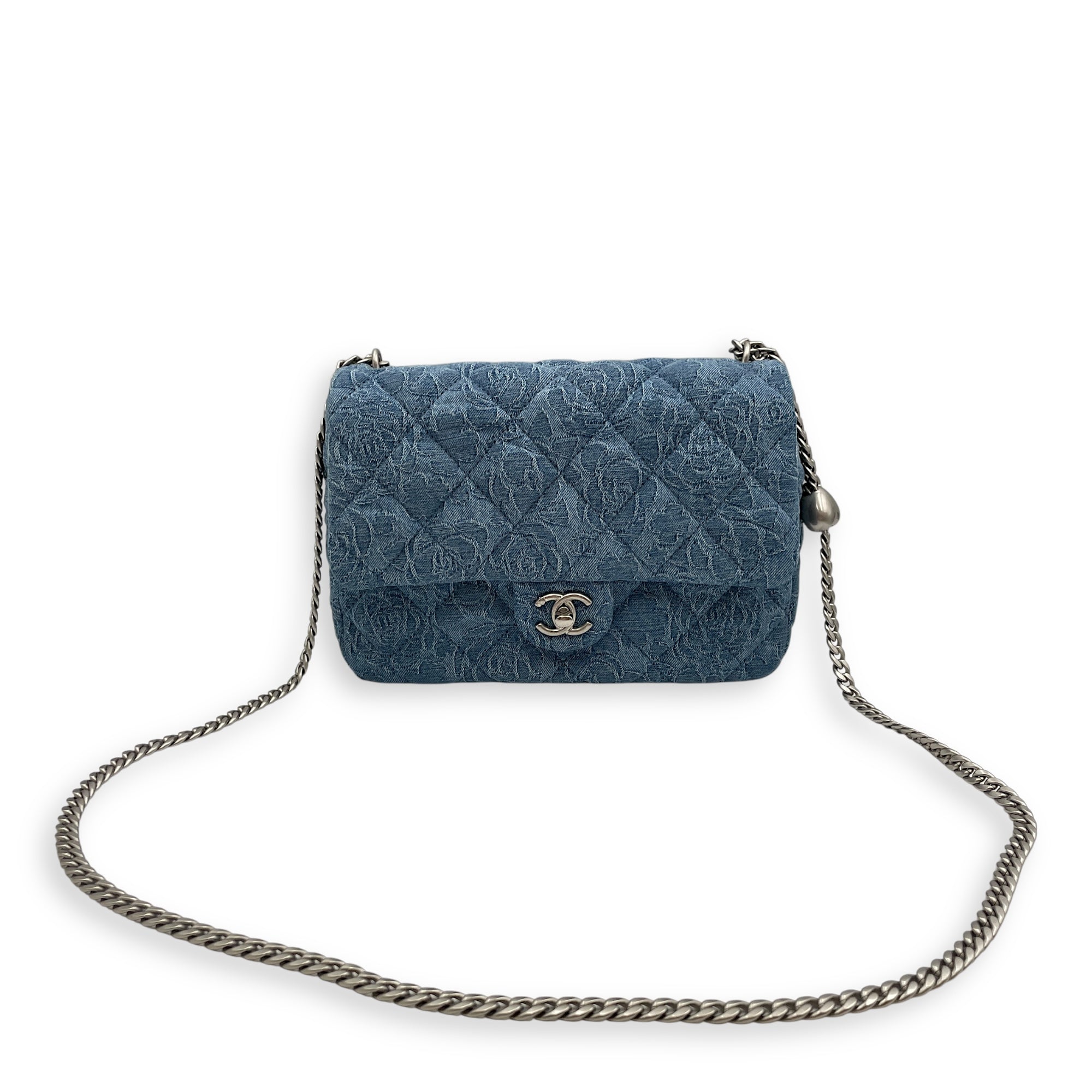 CC Adjustable Heart Pearl Crush Chain Light Blue Flap Bag in Denim, Silver hardware