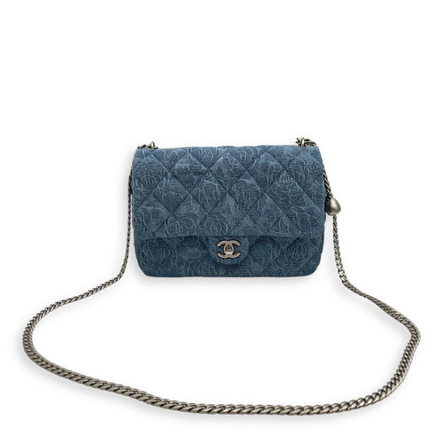 CC Adjustable Heart Pearl Crush Chain Light Blue Flap Bag in Denim, Silver hardware