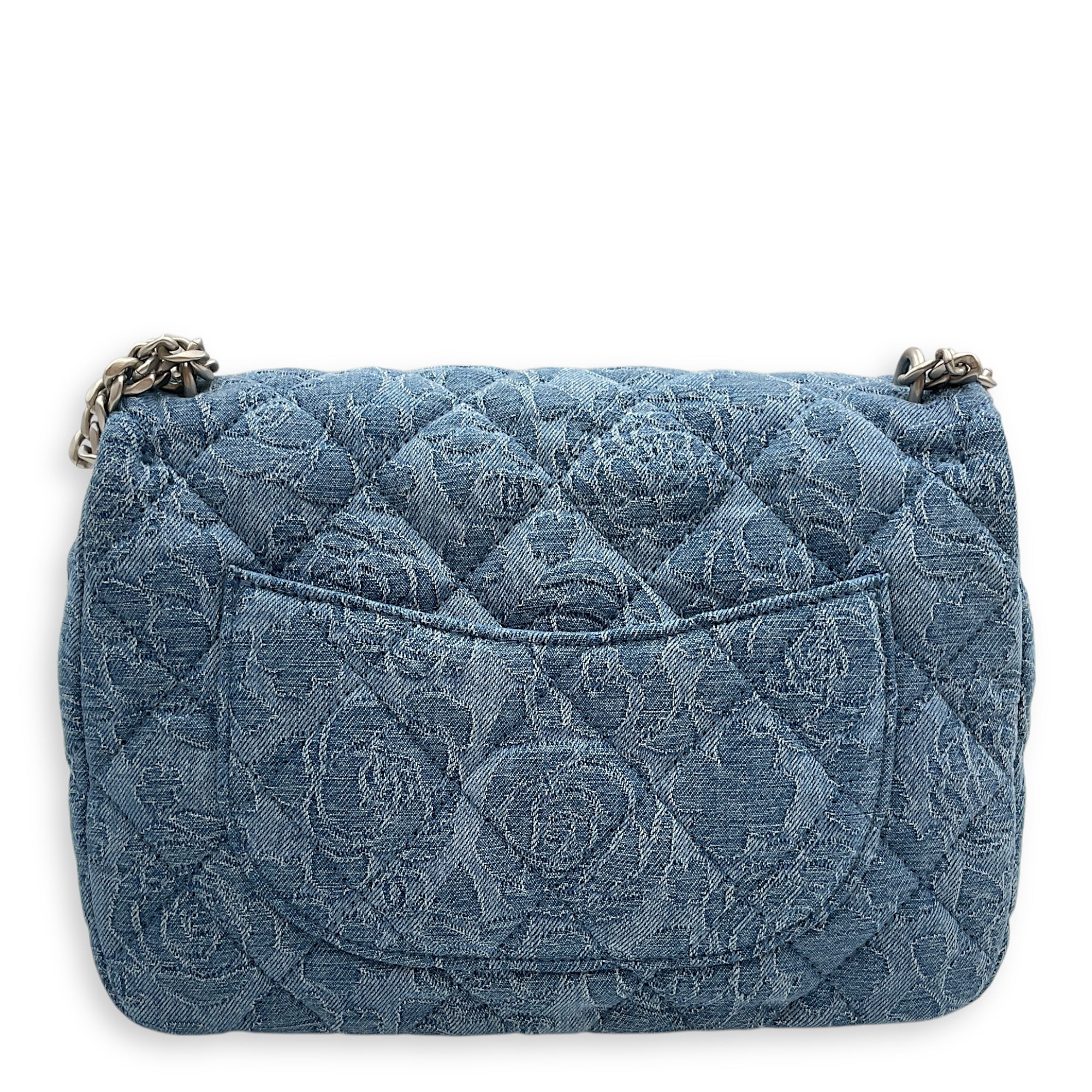 CC Adjustable Heart Pearl Crush Chain Light Blue Flap Bag in Denim, Silver hardware