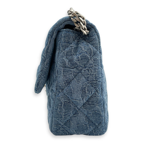 CC Adjustable Heart Pearl Crush Chain Light Blue Flap Bag in Denim, Silver hardware