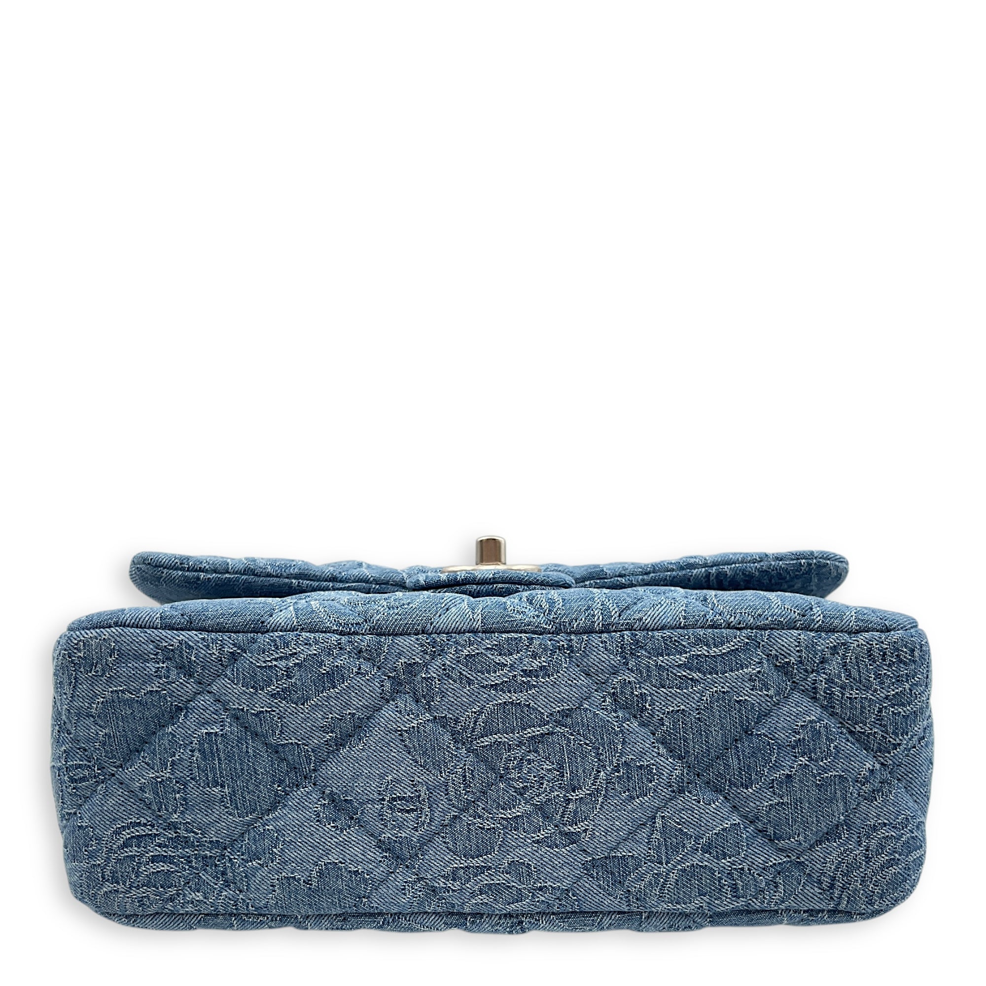 CC Adjustable Heart Pearl Crush Chain Light Blue Flap Bag in Denim, Silver hardware