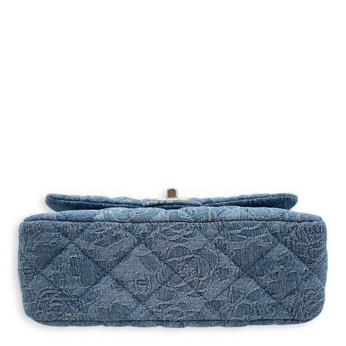 CC Adjustable Heart Pearl Crush Chain Light Blue Flap Bag in Denim, Silver hardware