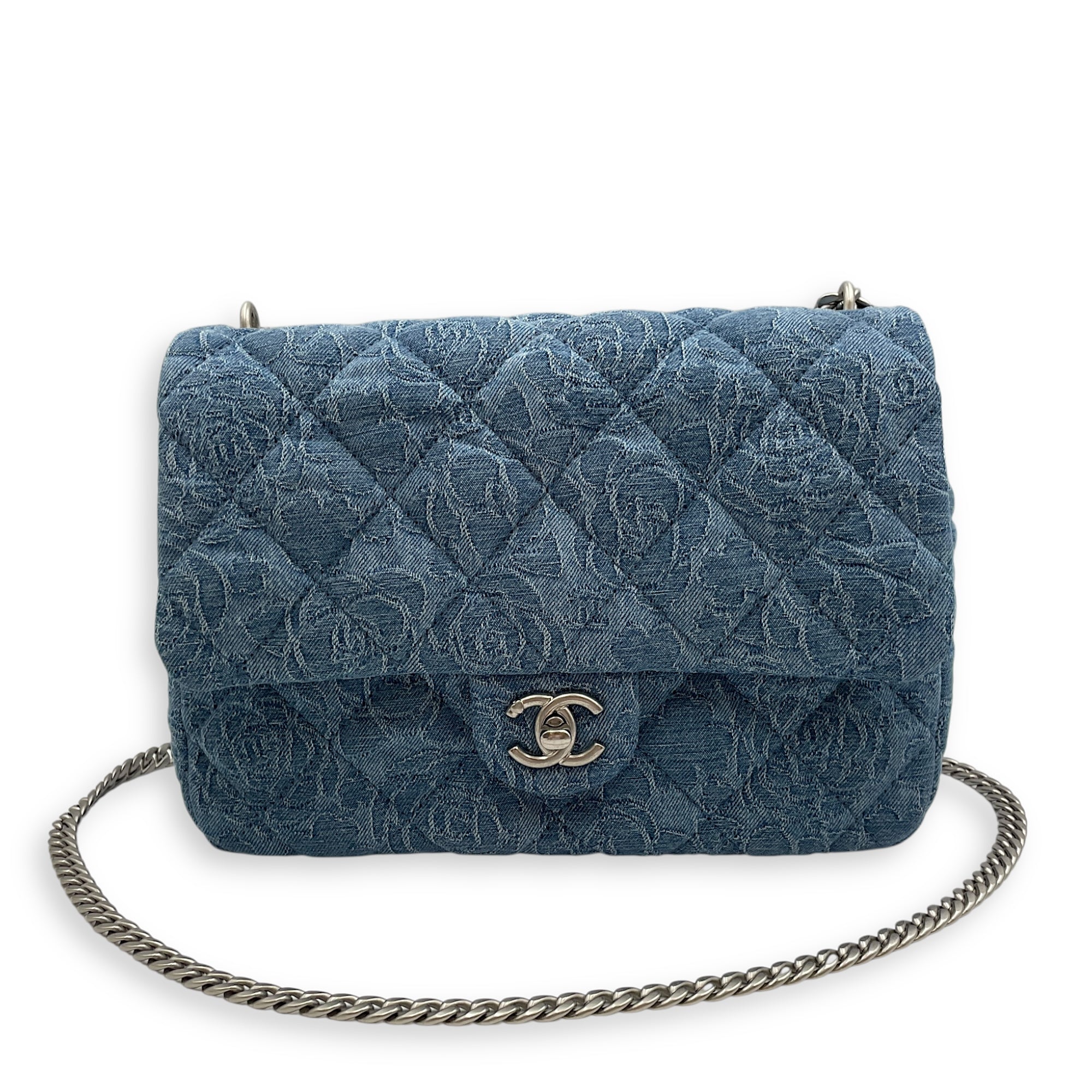 CC Adjustable Heart Pearl Crush Chain Light Blue Flap Bag in Denim, Silver hardware