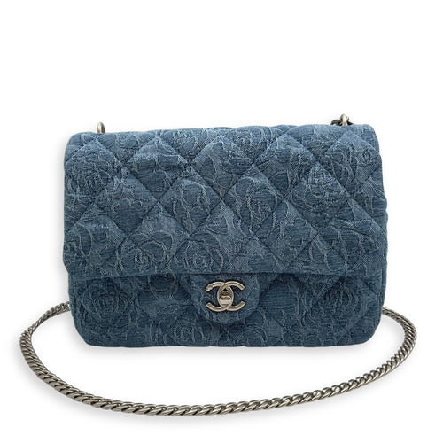 CC Adjustable Heart Pearl Crush Chain Light Blue Flap Bag in Denim, Silver hardware