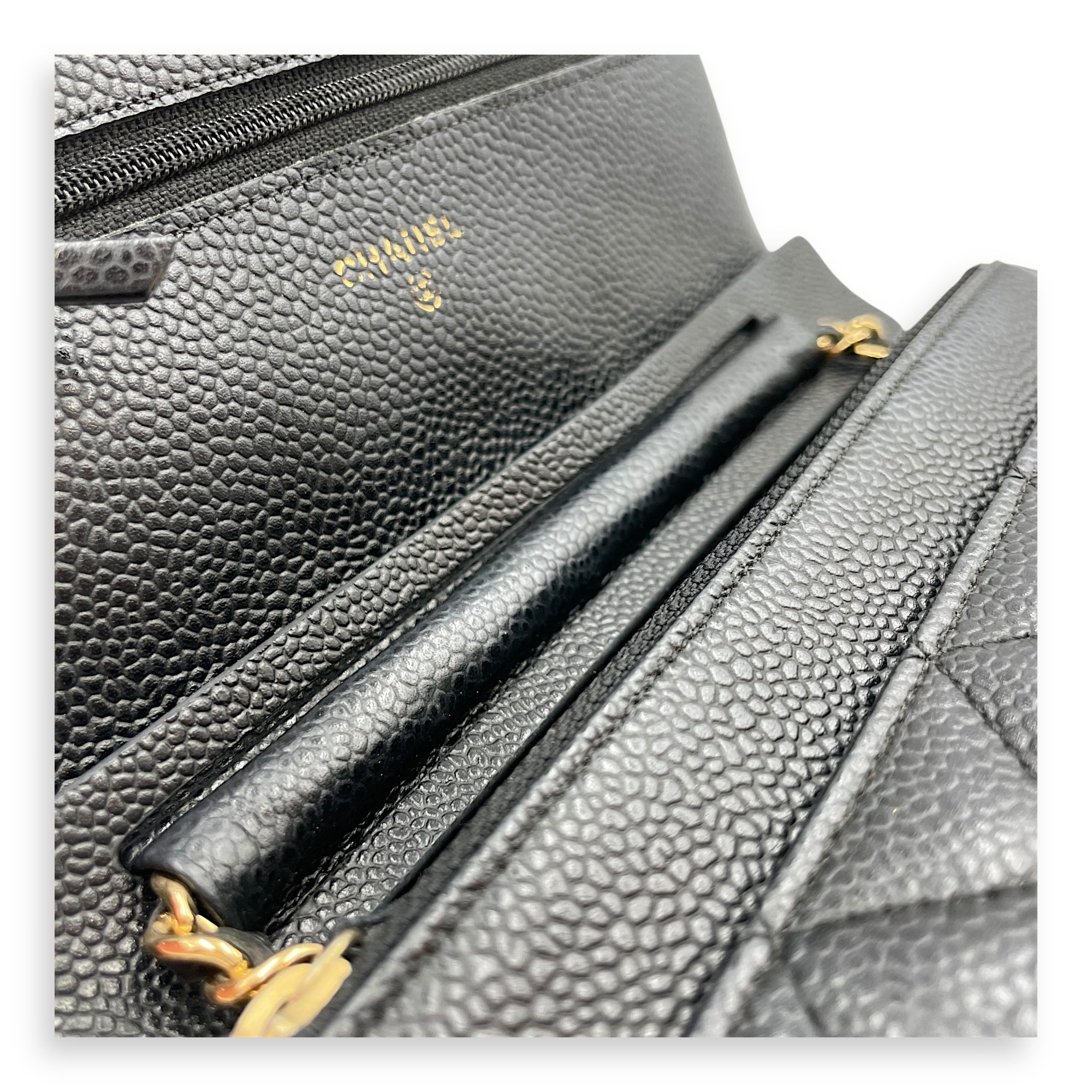 Quilted CC Black Wallet on Chain in Caviar Leather, Gold hardware
