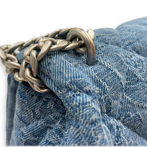 CC Adjustable Heart Pearl Crush Chain Light Blue Flap Bag in Denim, Silver hardware