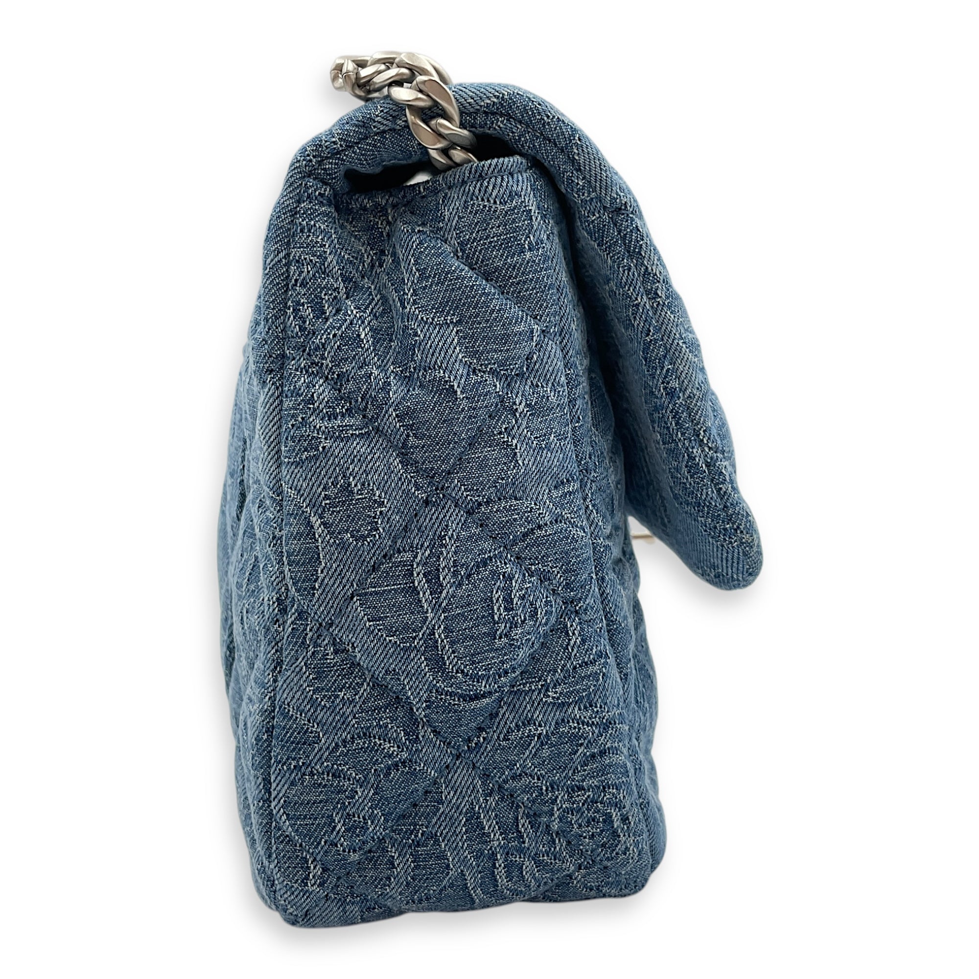 CC Adjustable Heart Pearl Crush Chain Light Blue Flap Bag in Denim, Silver hardware
