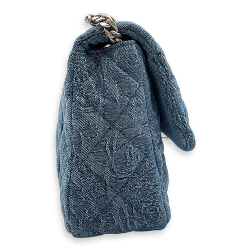 CC Adjustable Heart Pearl Crush Chain Light Blue Flap Bag in Denim, Silver hardware