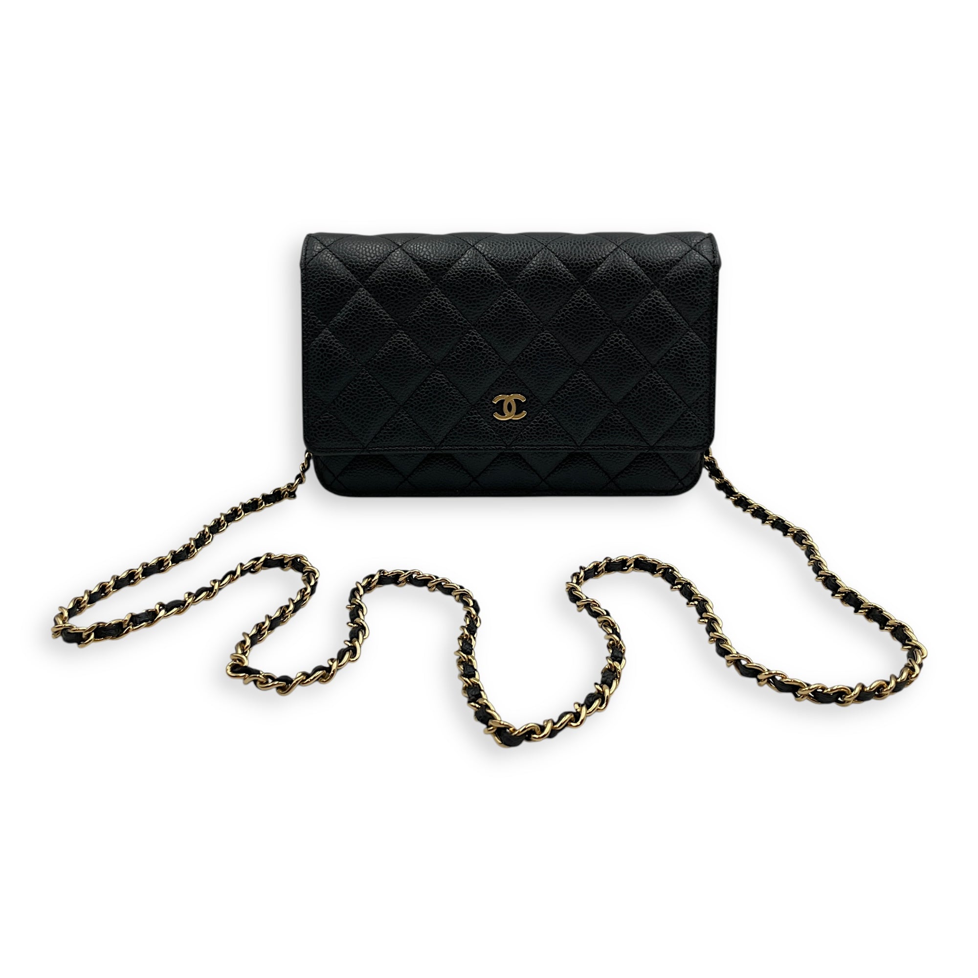 Quilted CC Black Wallet on Chain in Caviar Leather, Gold hardware