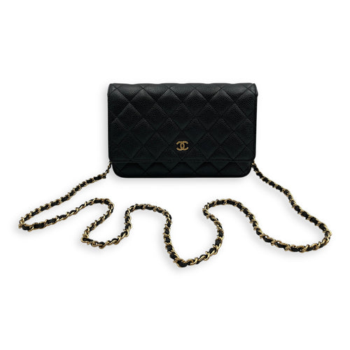 Quilted CC Black Wallet on Chain in Caviar Leather, Gold hardware