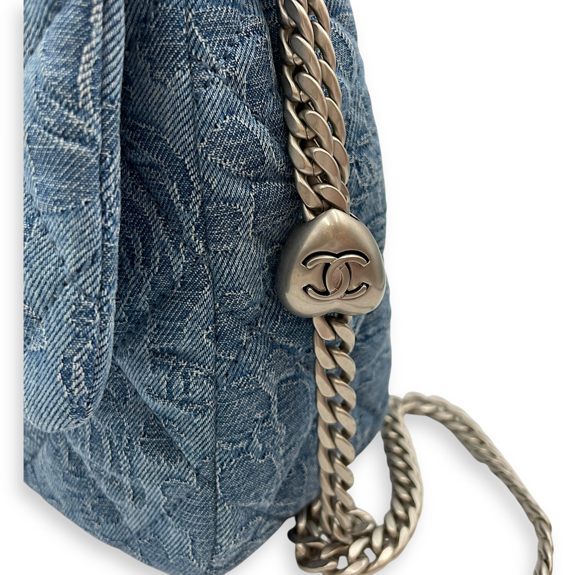 CC Adjustable Heart Pearl Crush Chain Light Blue Flap Bag in Denim, Silver hardware