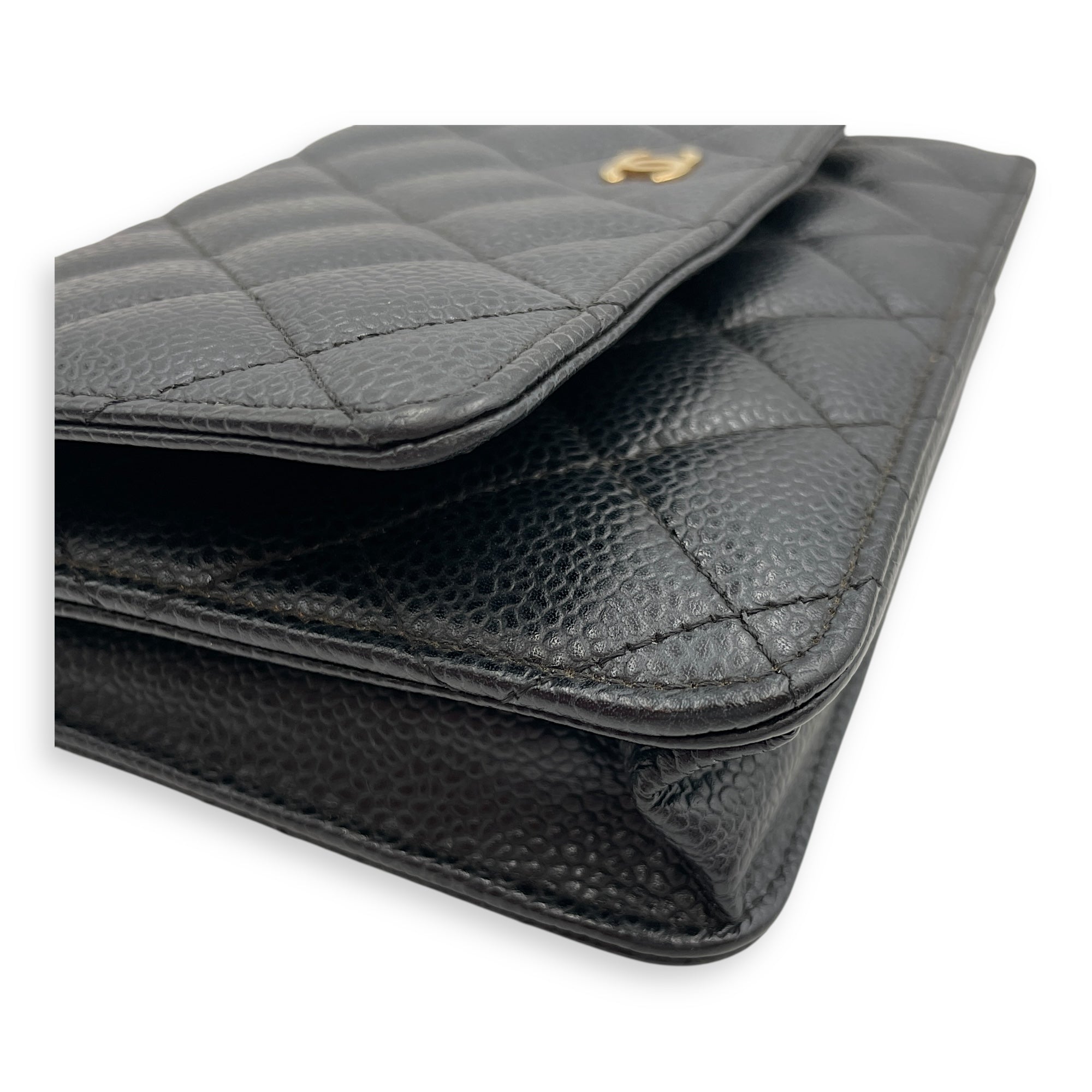 Quilted CC Black Wallet on Chain in Caviar Leather, Gold hardware