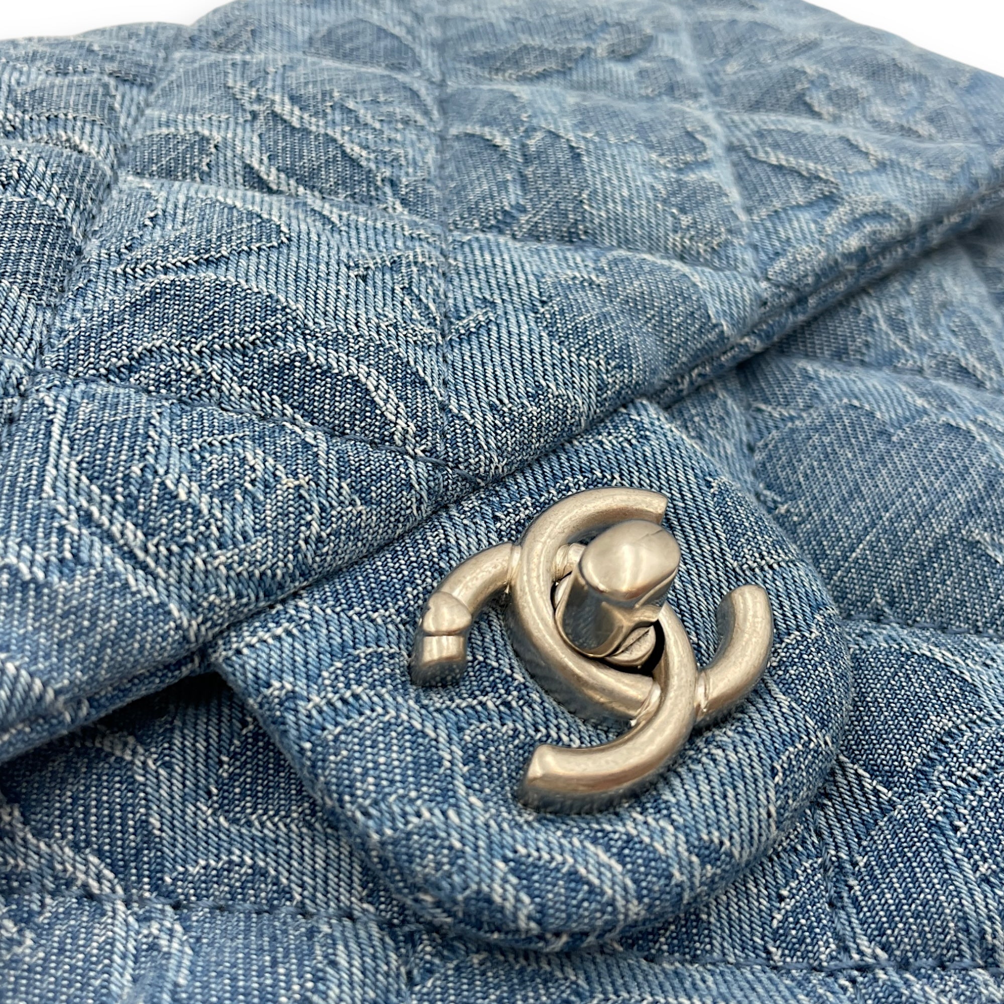 CC Adjustable Heart Pearl Crush Chain Light Blue Flap Bag in Denim, Silver hardware