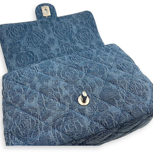 CC Adjustable Heart Pearl Crush Chain Light Blue Flap Bag in Denim, Silver hardware