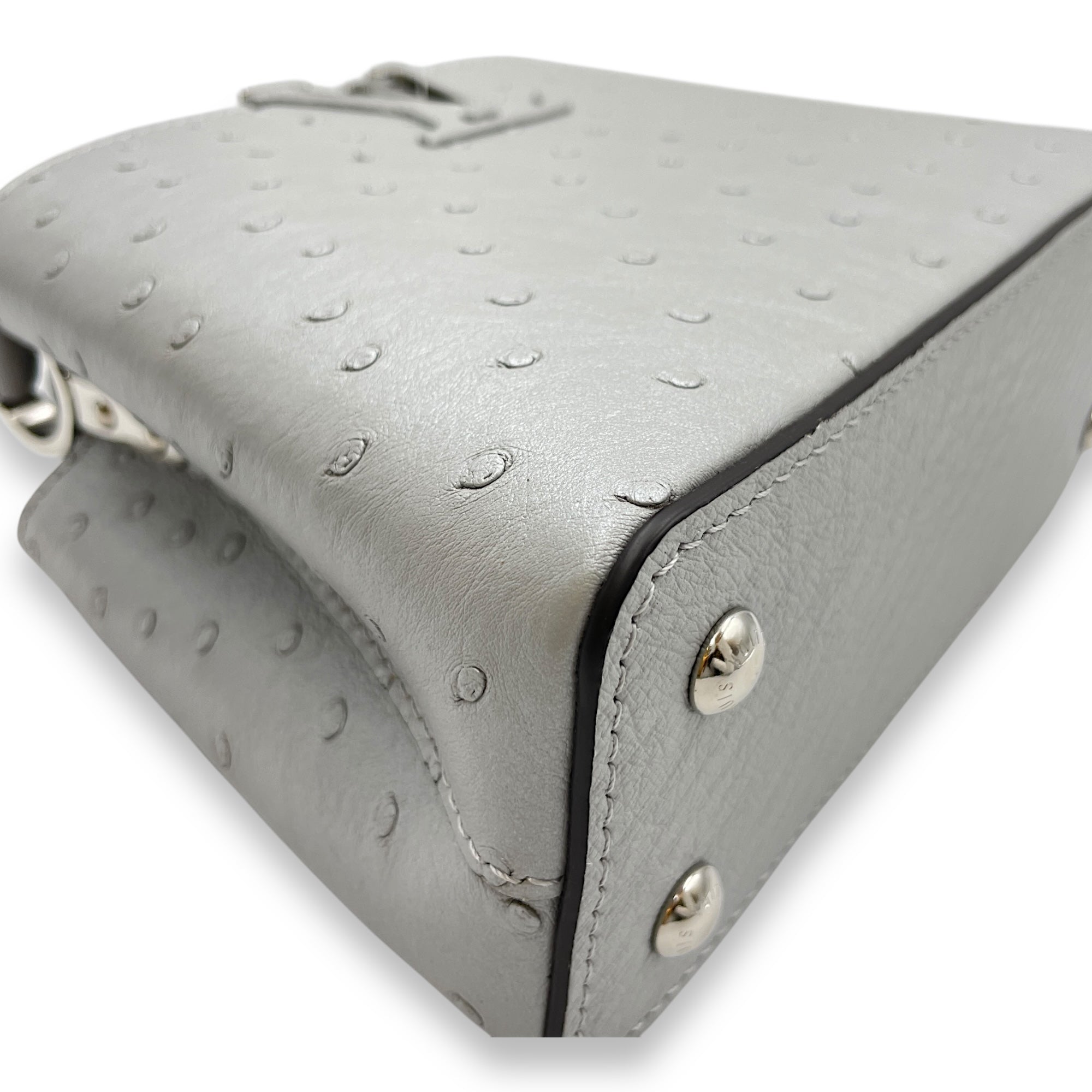 Capucines Mini Grey Top Handle Bag in Ostrich, Silver hardware