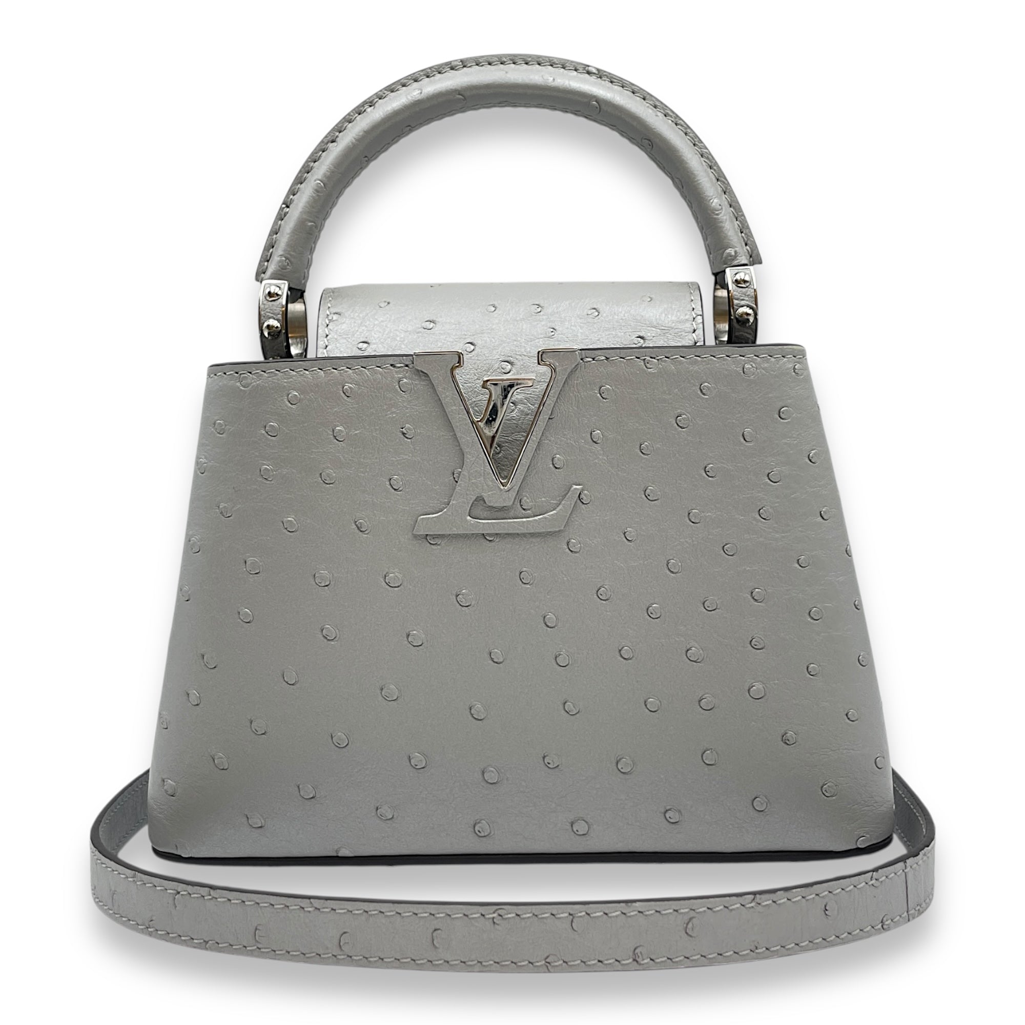 Capucines Mini Grey Top Handle Bag in Ostrich, Silver hardware