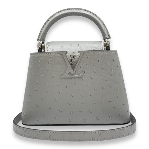Capucines Mini Grey Top Handle Bag in Ostrich, Silver hardware