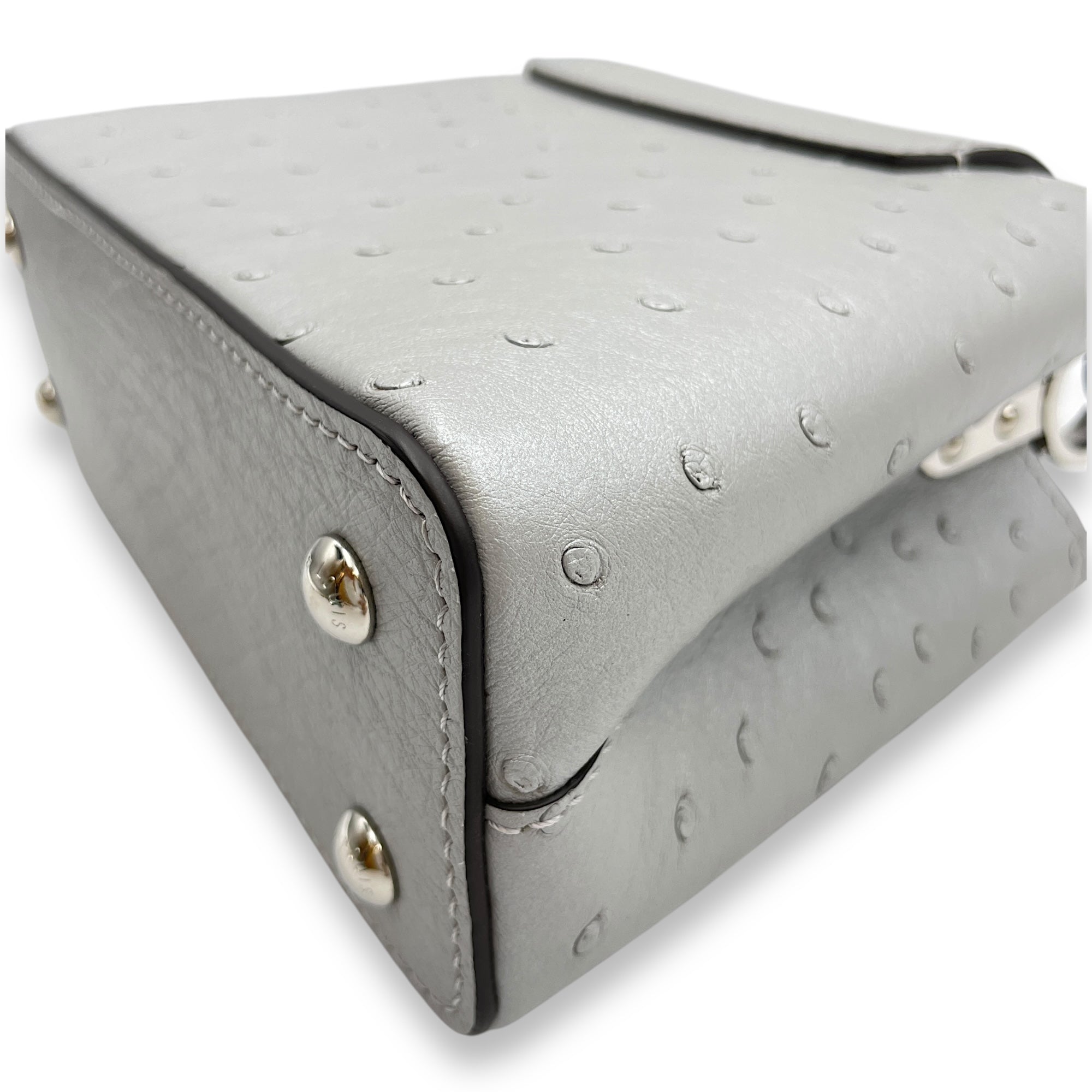 Capucines Mini Grey Top Handle Bag in Ostrich, Silver hardware