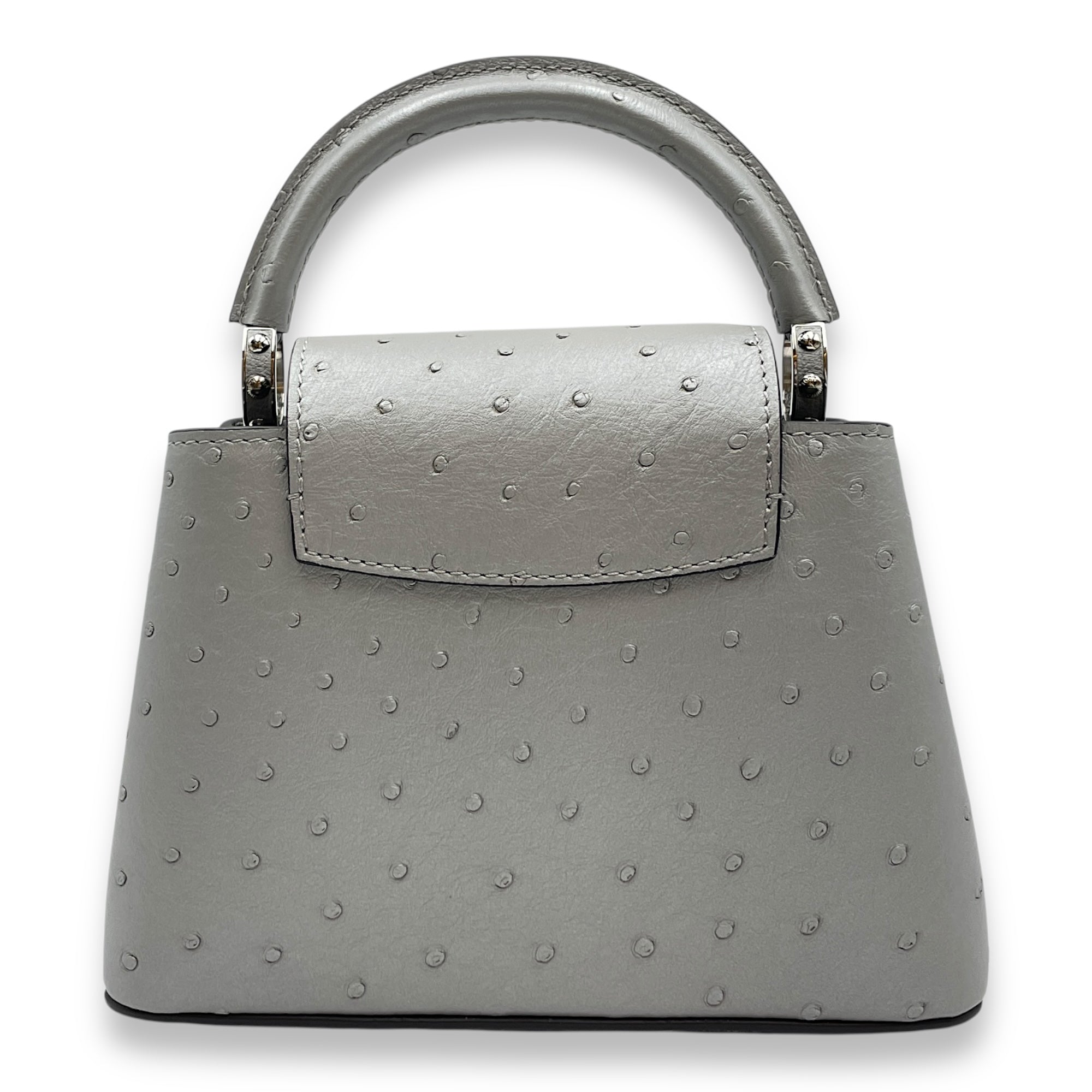 Capucines Mini Grey Top Handle Bag in Ostrich, Silver hardware