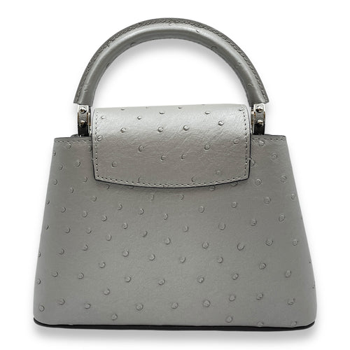 Capucines Mini Grey Top Handle Bag in Ostrich, Silver hardware