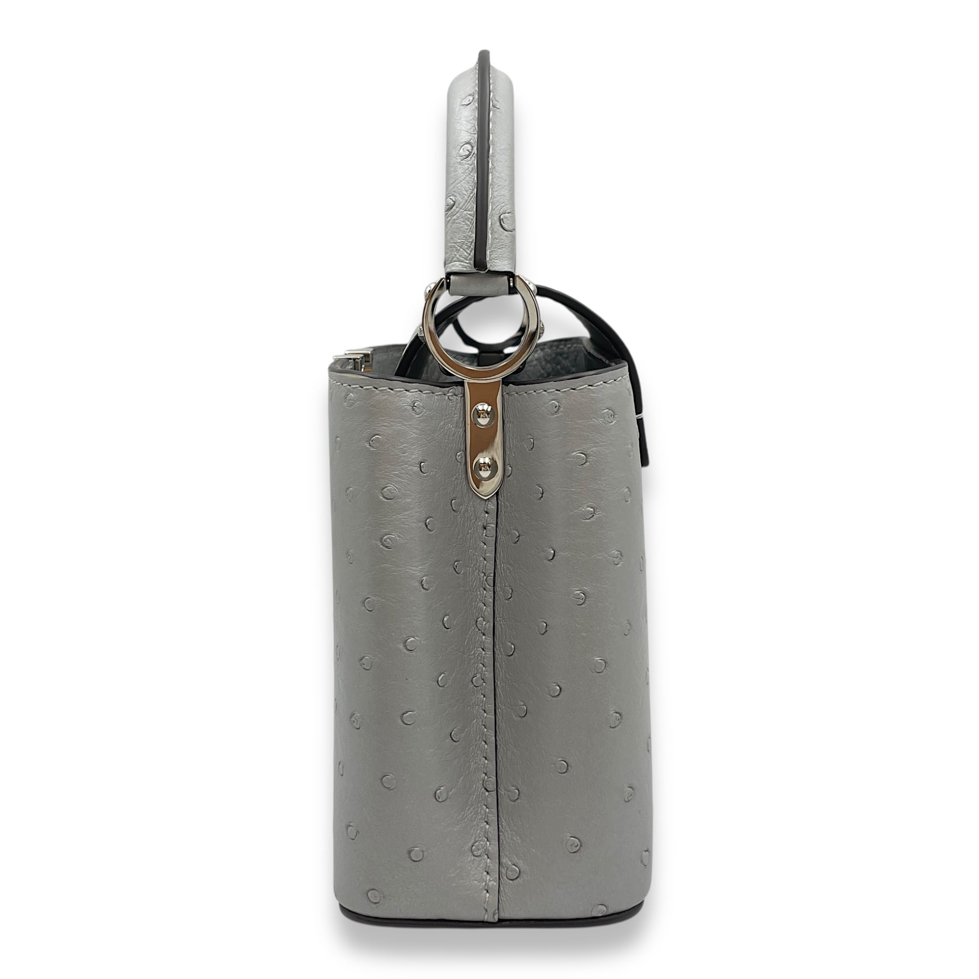 Capucines Mini Grey Top Handle Bag in Ostrich, Silver hardware