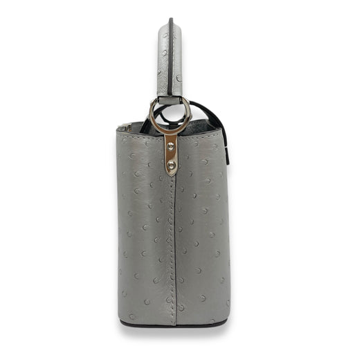 Capucines Mini Grey Top Handle Bag in Ostrich, Silver hardware