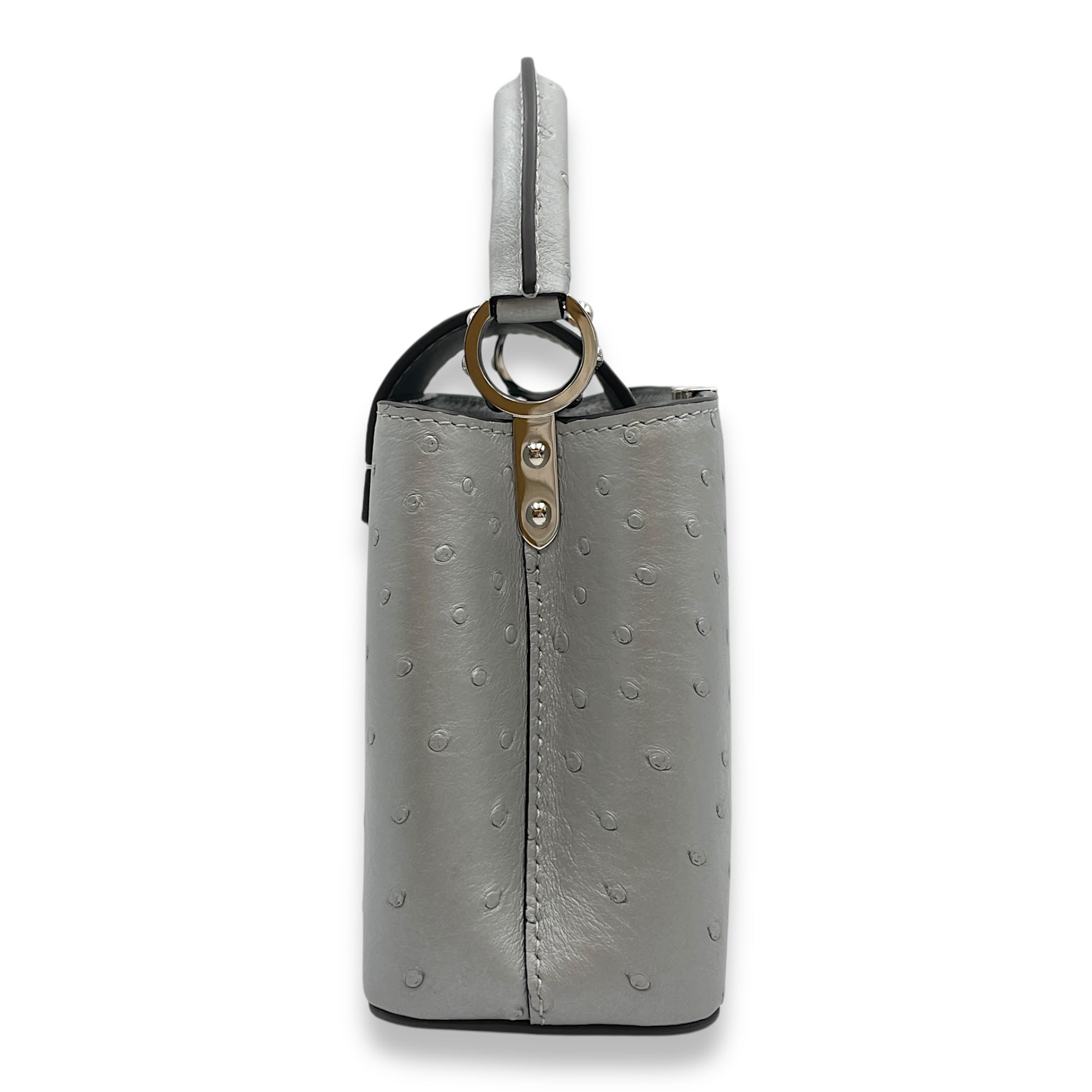 Capucines Mini Grey Top Handle Bag in Ostrich, Silver hardware