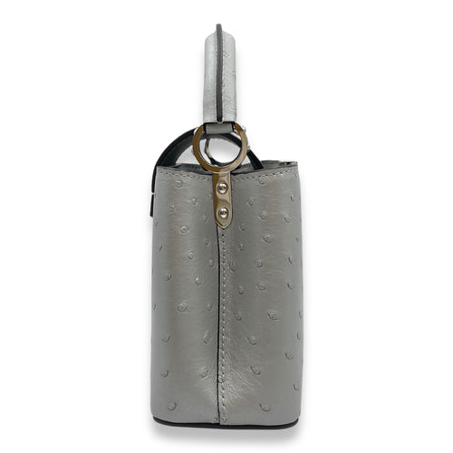 Capucines Mini Grey Top Handle Bag in Ostrich, Silver hardware