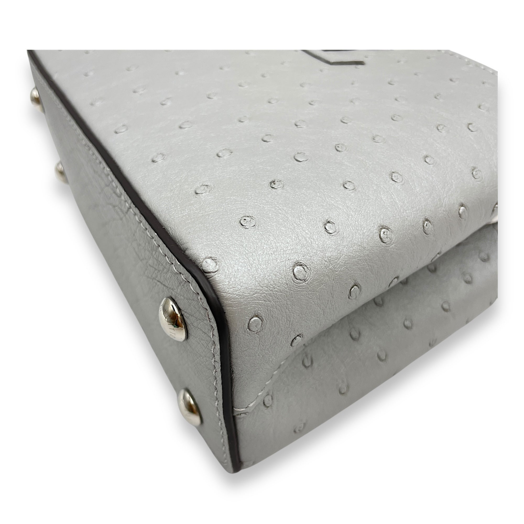 Capucines Mini Grey Top Handle Bag in Ostrich, Silver hardware