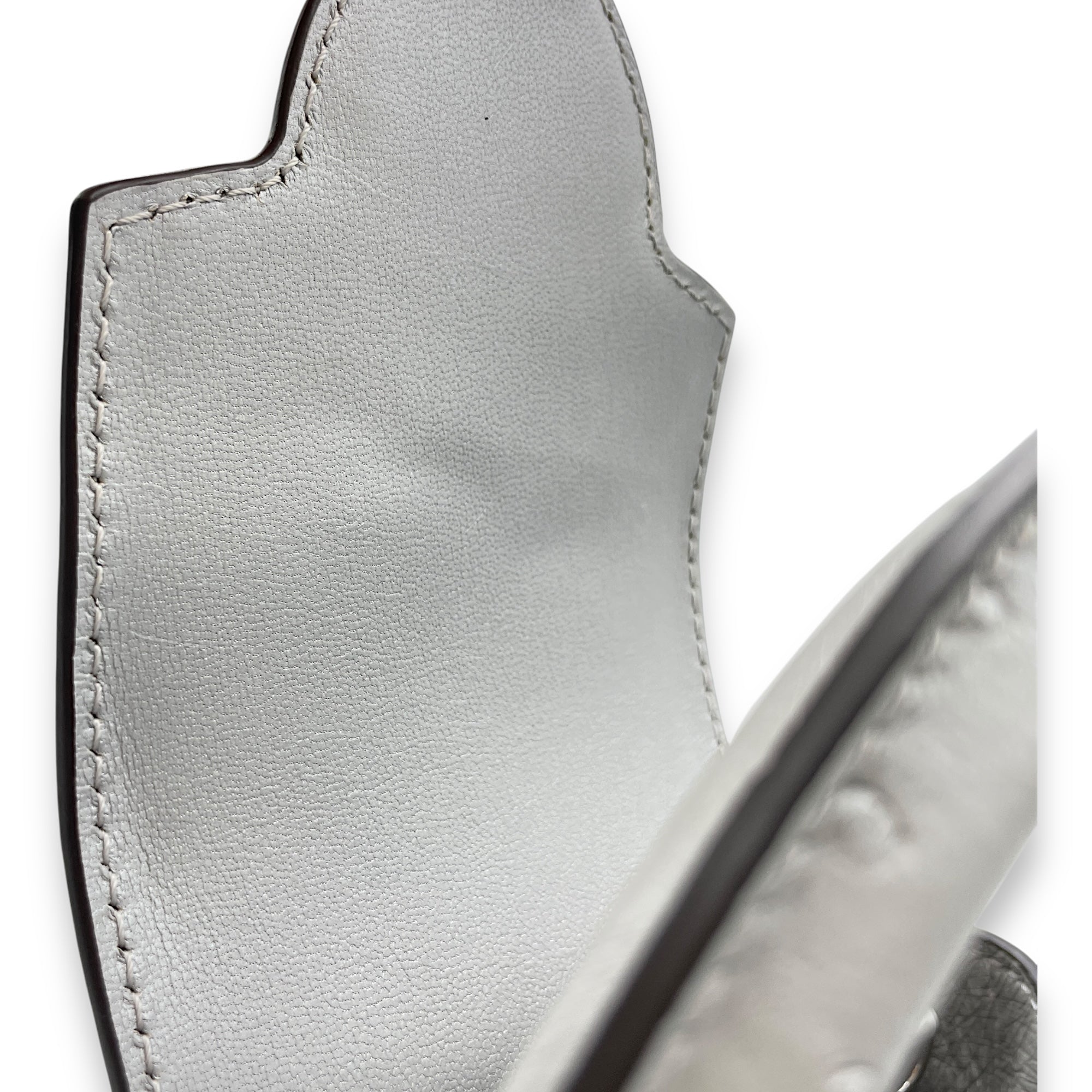 Capucines Mini Grey Top Handle Bag in Ostrich, Silver hardware
