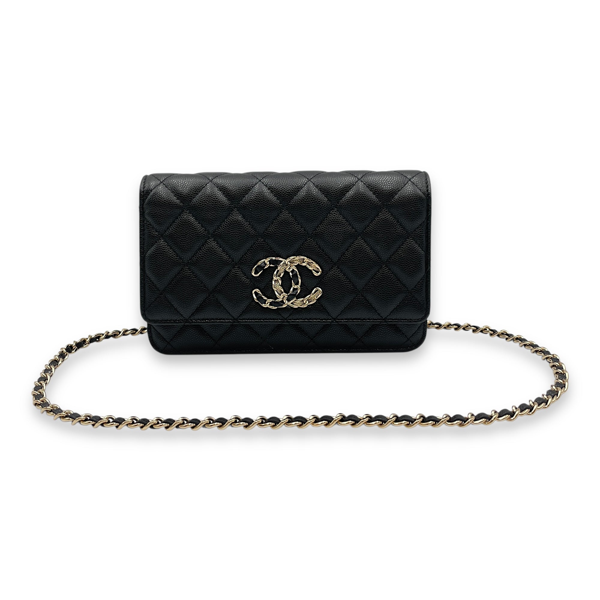 Quilted CC Black Wallet on Chain in Caviar Leather, Gold hardware