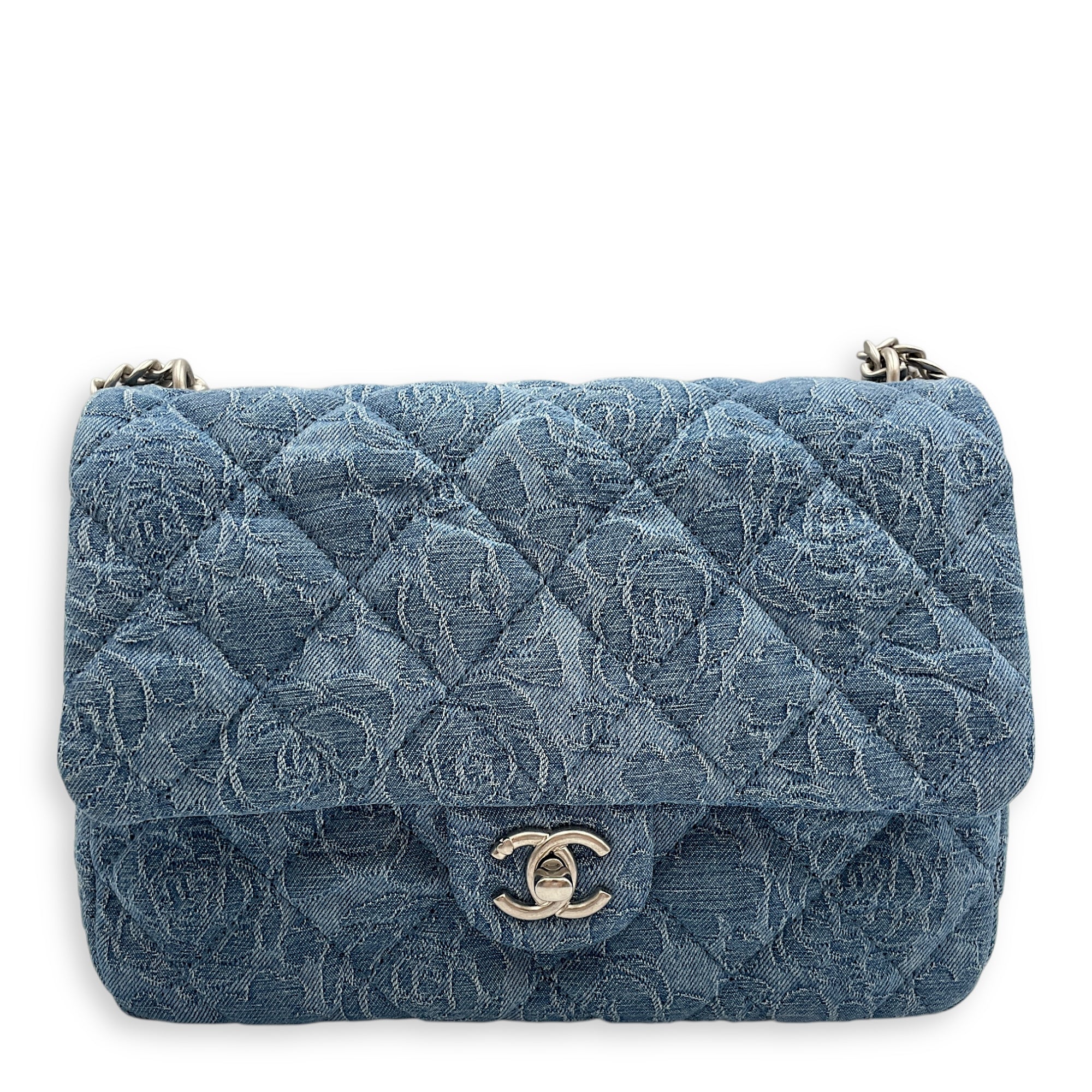 CC Adjustable Heart Pearl Crush Chain Light Blue Flap Bag in Denim, Silver hardware