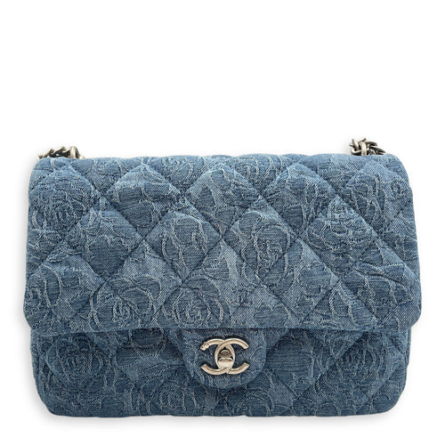 CC Adjustable Heart Pearl Crush Chain Light Blue Flap Bag in Denim, Silver hardware