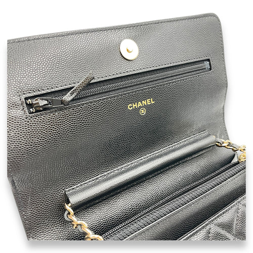 Quilted CC Black Wallet on Chain in Caviar Leather, Gold hardware