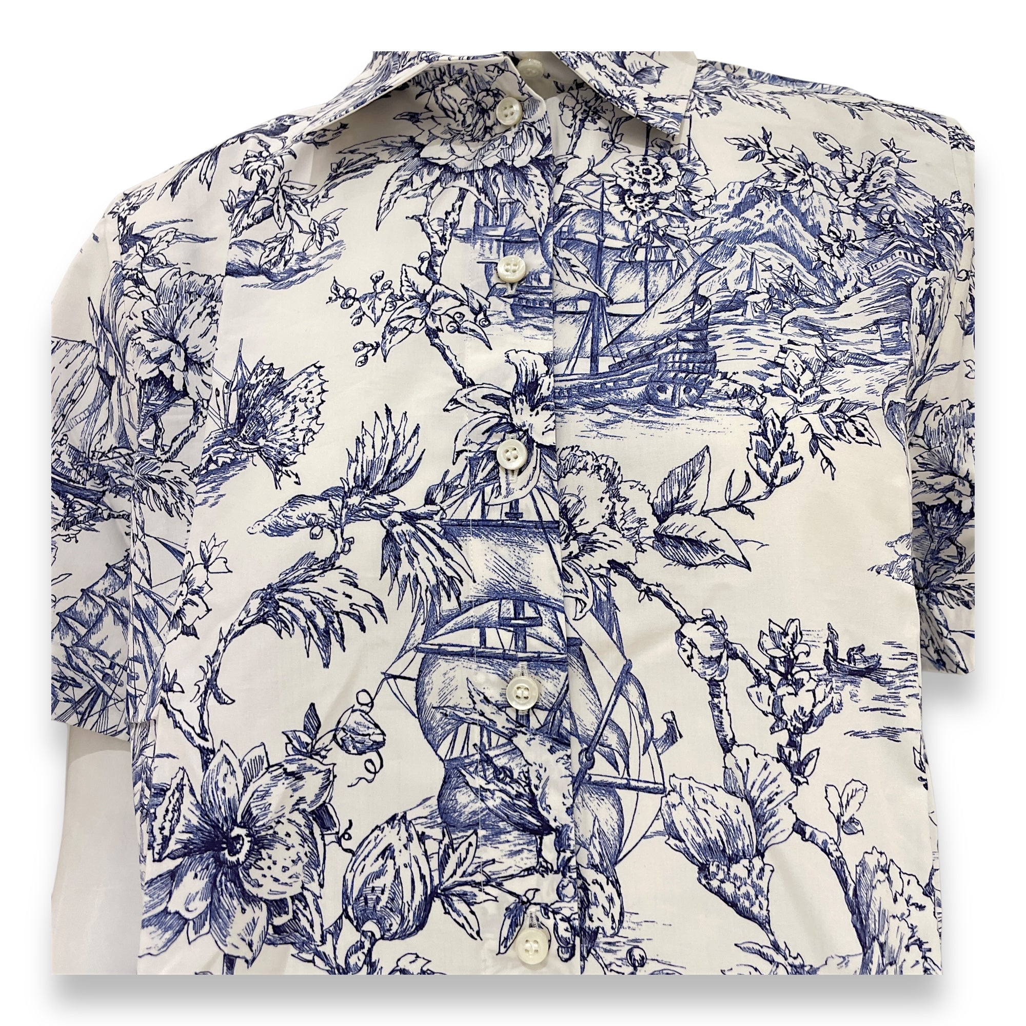 Toile De Jouy Print Short Sleeved Shirt 34 White Ready-to-Wear in Cotton