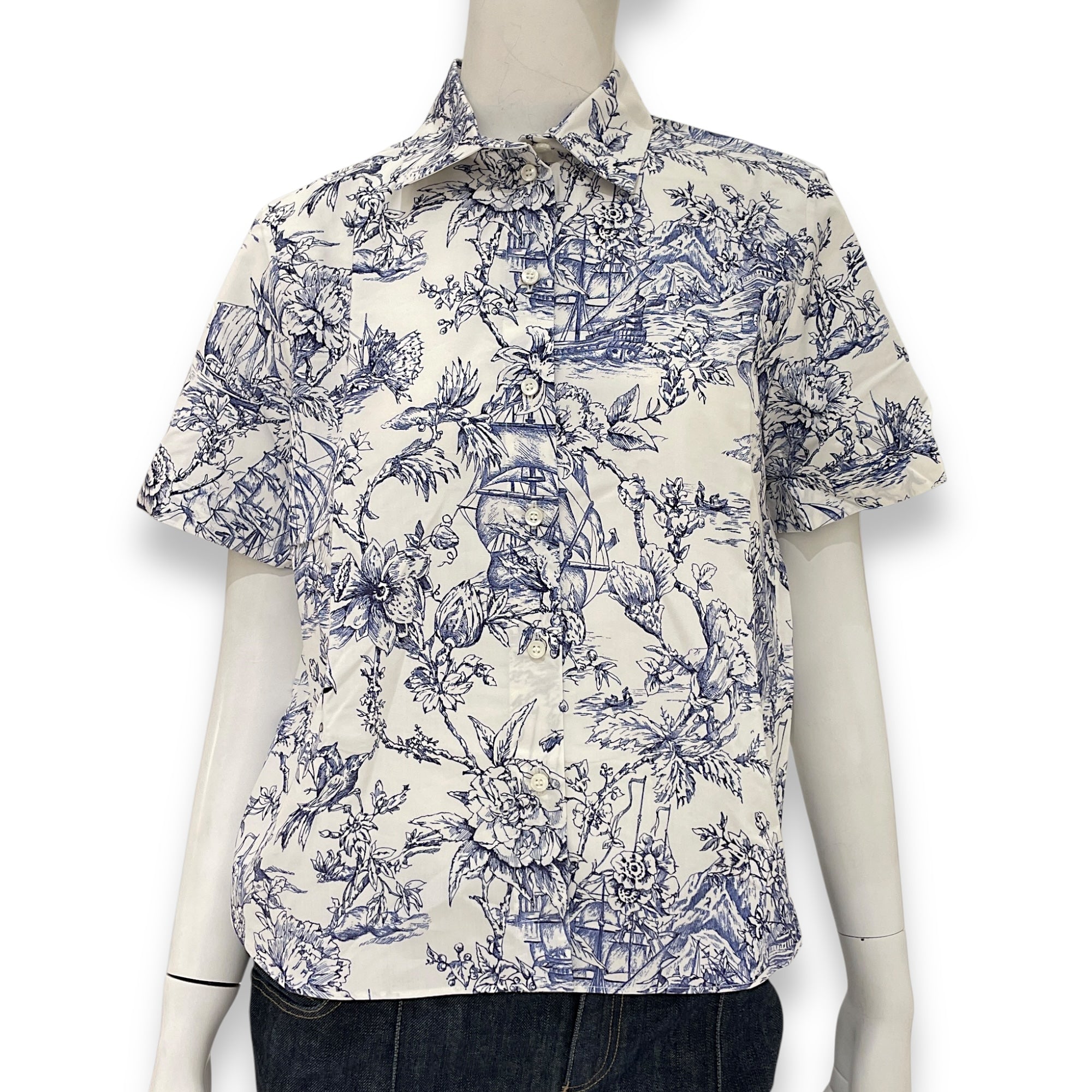 Toile De Jouy Print Short Sleeved Shirt 34 White Ready-to-Wear in Cotton