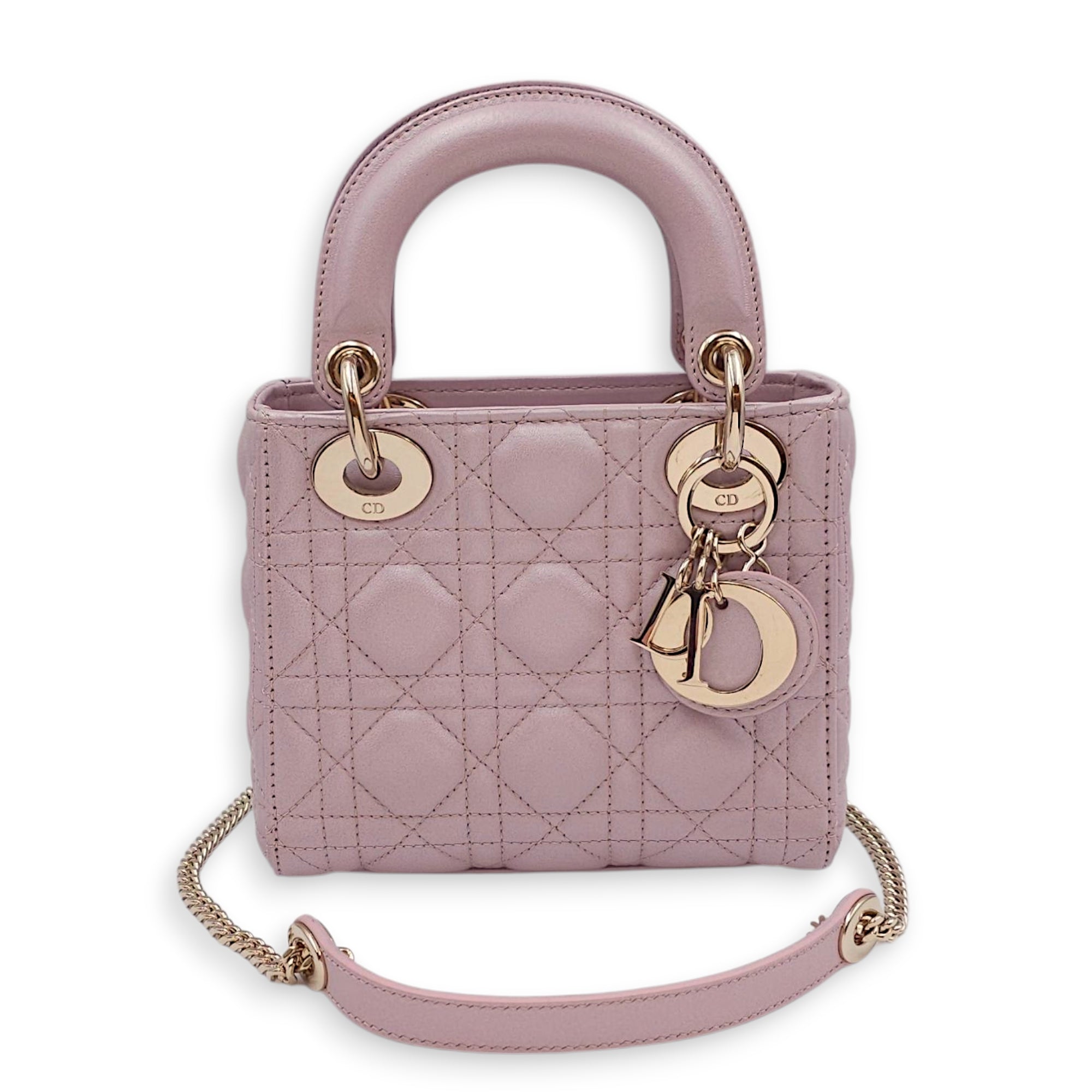 Lady Dior Mini Pearly Pink Top Handle Bag in Lambskin, Gold hardware