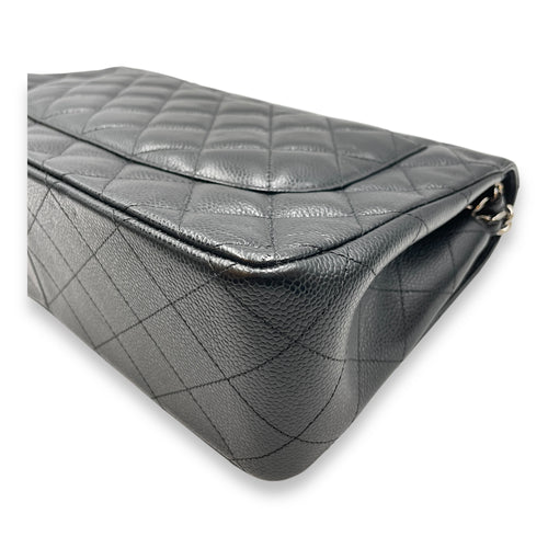 Quilted CC Jumbo Black Double Flap Bag in Caviar Leather, Silver hardware