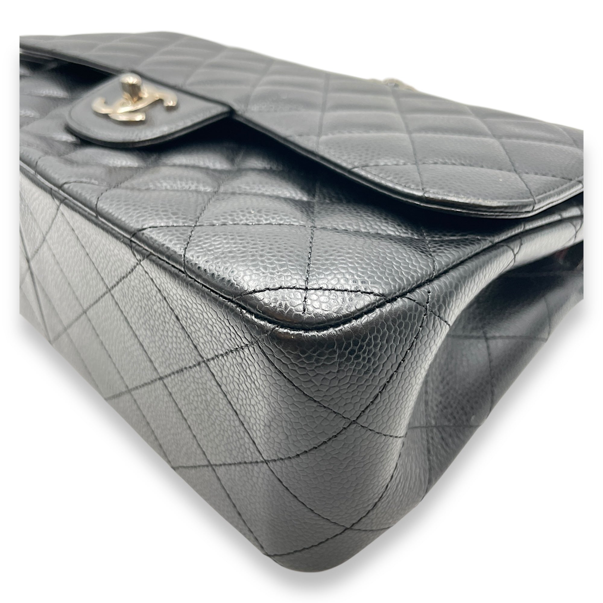 Quilted CC Jumbo Black Double Flap Bag in Caviar Leather, Silver hardware