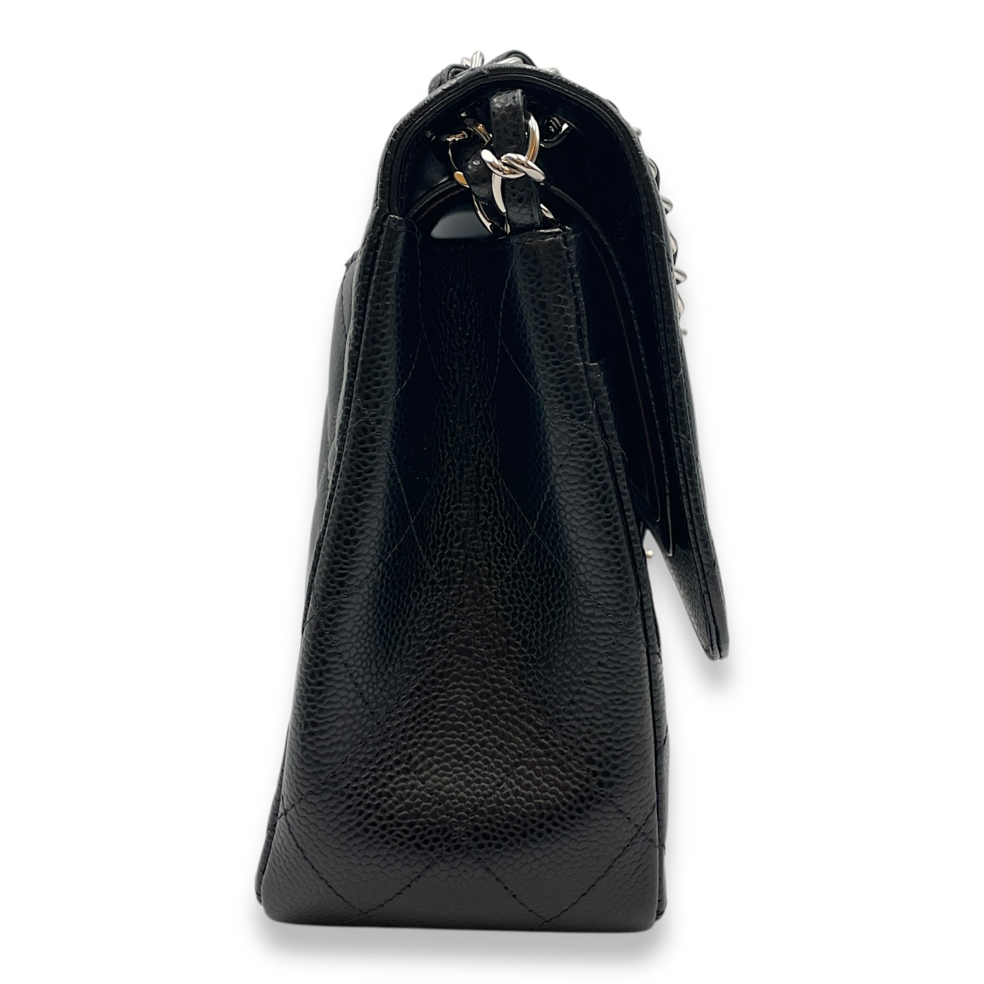Quilted CC Jumbo Black Double Flap Bag in Caviar Leather, Silver hardware