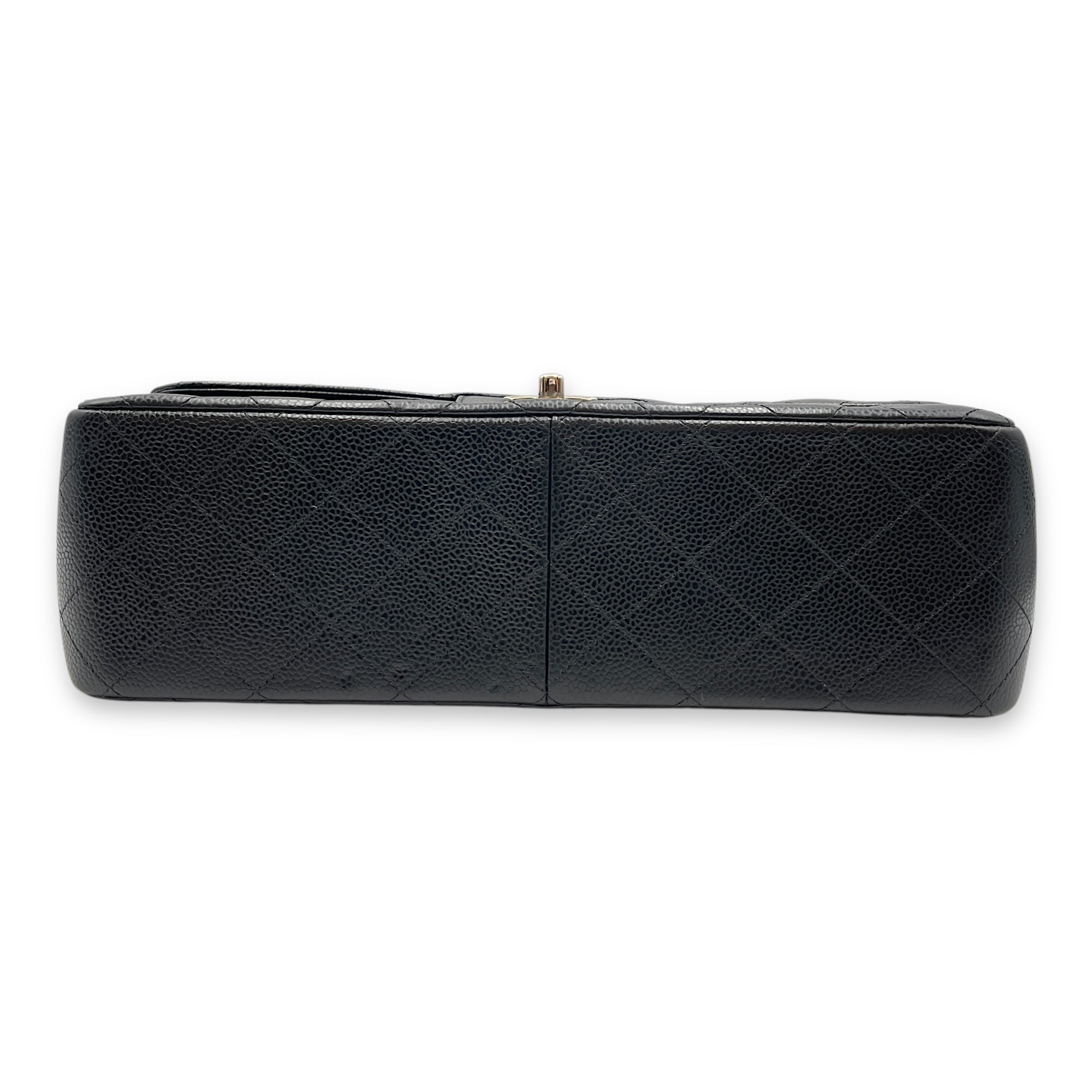 Quilted CC Jumbo Black Double Flap Bag in Caviar Leather, Silver hardware