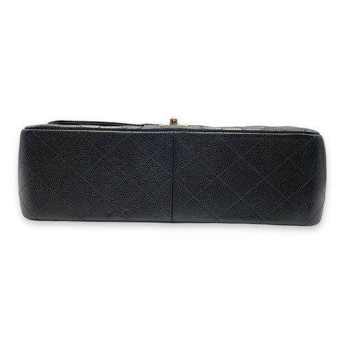Quilted CC Jumbo Black Double Flap Bag in Caviar Leather, Silver hardware