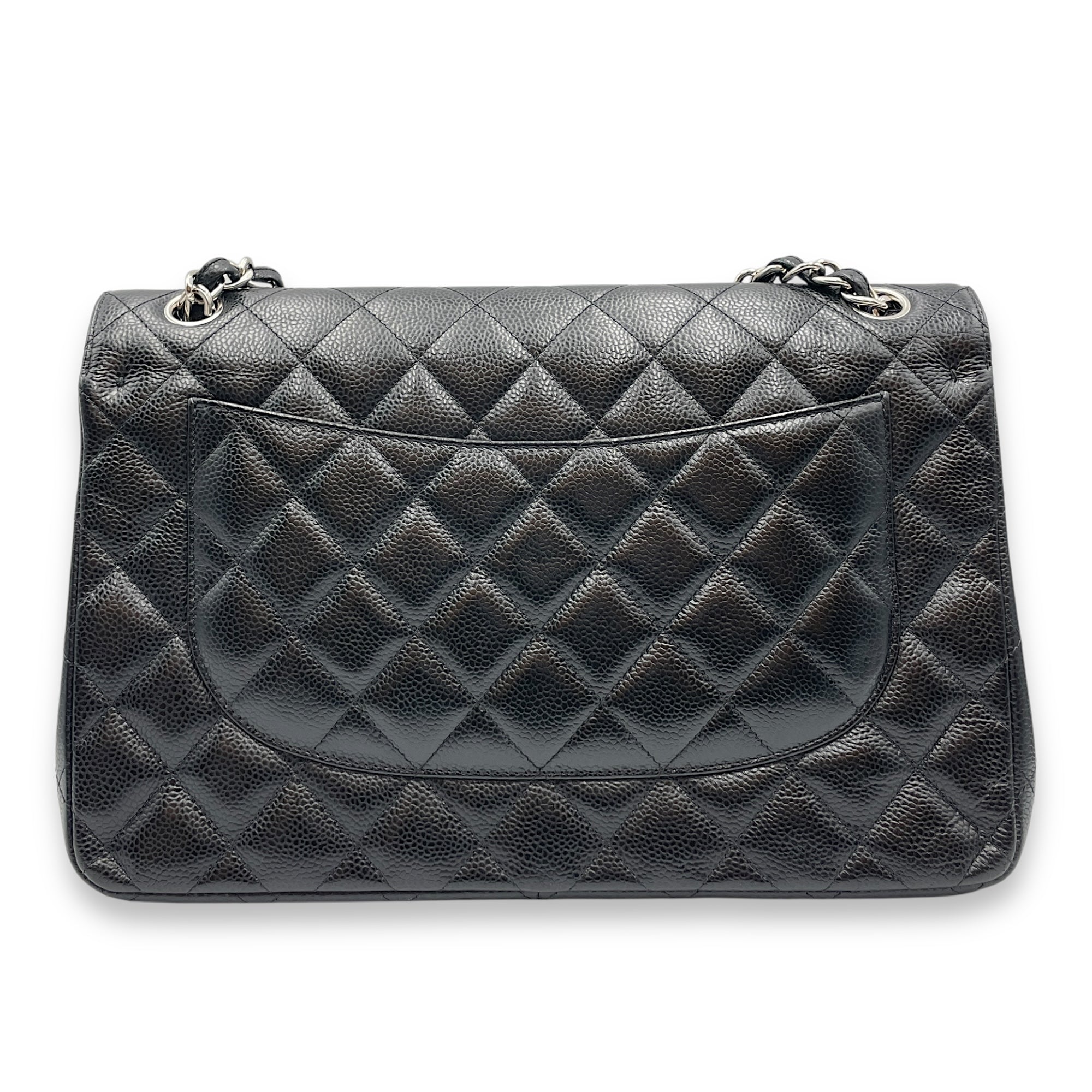 Quilted CC Jumbo Black Double Flap Bag in Caviar Leather, Silver hardware