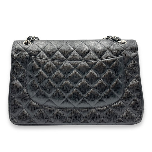 Quilted CC Jumbo Black Double Flap Bag in Caviar Leather, Silver hardware