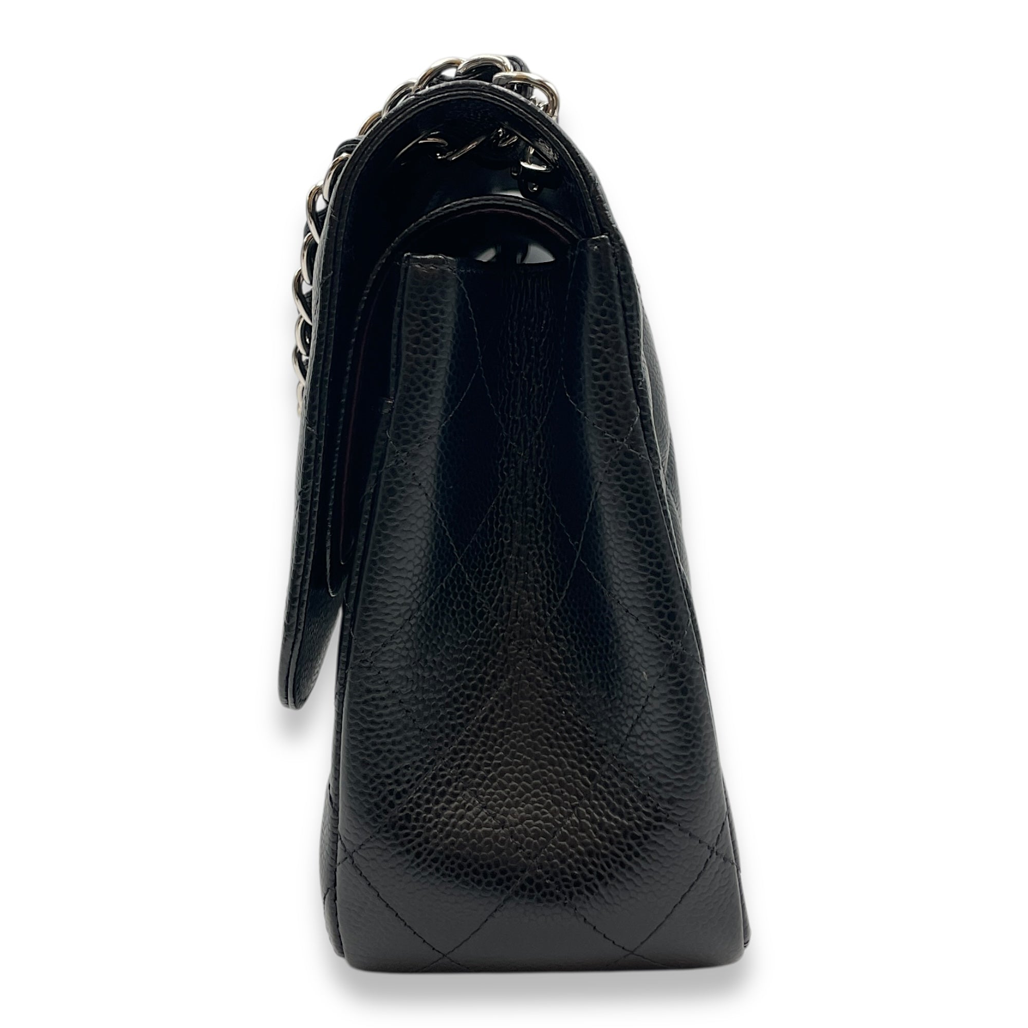 Quilted CC Jumbo Black Double Flap Bag in Caviar Leather, Silver hardware