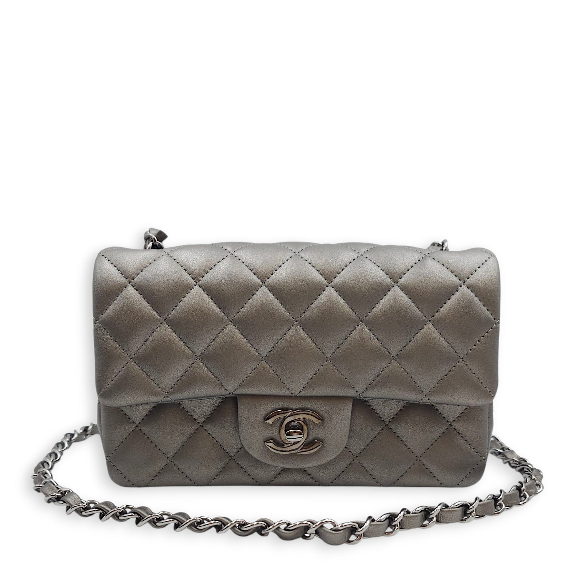 Quilted Rectangular Mini Grey Flap Bag in Lambskin, Silver hardware