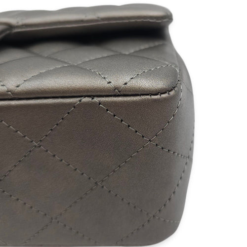Quilted Rectangular Mini Grey Flap Bag in Lambskin, Silver hardware